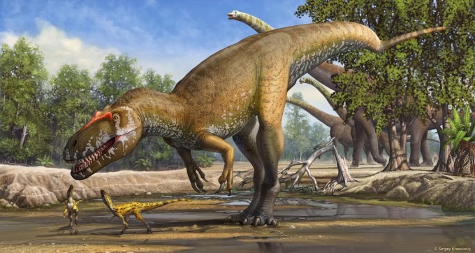 Selv om Torvosaurus gurneyi var et enormt uhyre for sine omgivelser, kan den godt have bekymret sig om sit eget afkom. Grafik: Sergey Krasovskiy