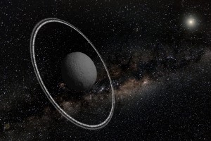 En miniplaneten viser sig nu at have ringe af samme type som Saturns. Grafik: Lucie Maquet.